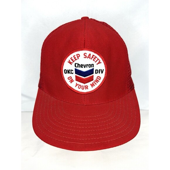 Vintage Chevron Snapback Hat Red Cap Mesh Trucker Made in USA - Picture 1 of 10